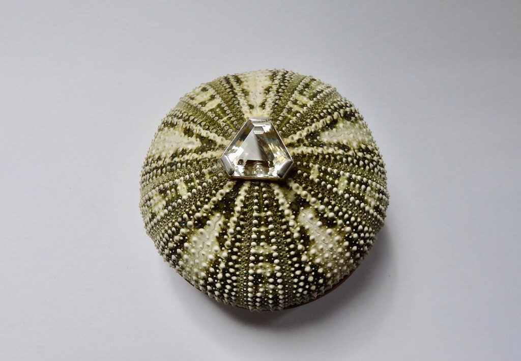Silberbrosche mit grünem Seeigel und gelbem Citrin